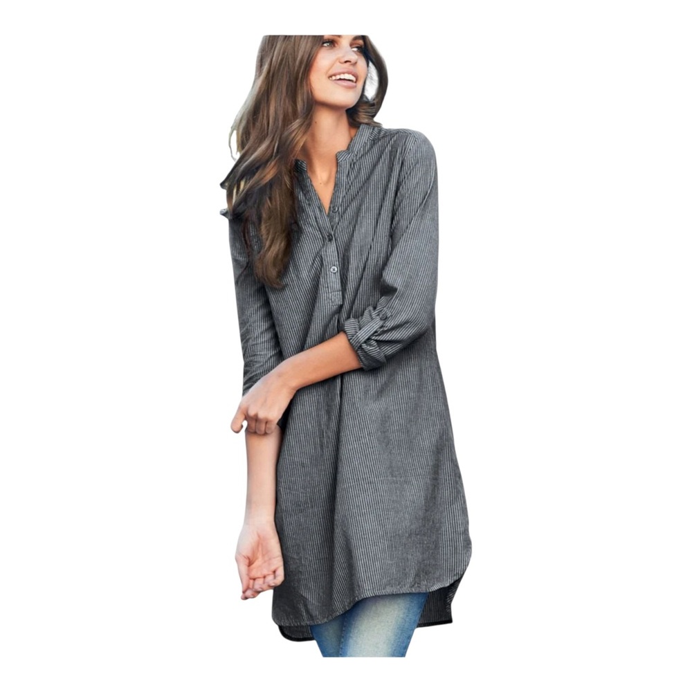 Ellos Tunic Top High Low Hem 100% Cotton Grey White Striped Longline